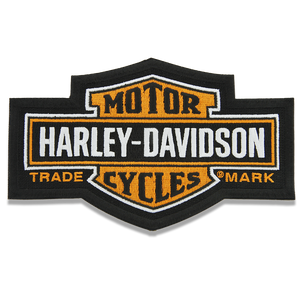 Harley-Davidson Motor Cycles embroidered patch in black, orange, and white, featuring the classic bar-and-shield logo design.