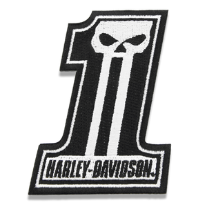 A black and white embroidered patch featuring the number 1 with a skull motif inside, and the text 'HARLEY-DAVIDSON' along the bottom border, shown on a plain white background.