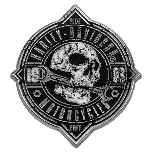 Harley-Davidson 1.5 in. Rough Skull Stock Metal Pin, Distressed Gunmetal Finish 8015541
