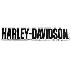 A Harley-Davidson logo patch or decal with bold black lettering on a white background and a silver outline, shown on a plain white background.
