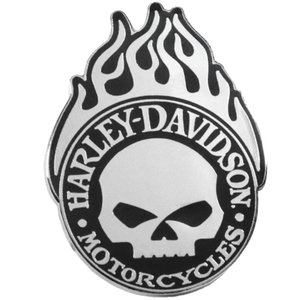 A Harley-Davidson Motorcycles enamel pin featuring a silver skull with black details, surrounded by a circular black border with the brand name and topped by black flames, shown on a plain white background.
