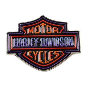 A Harley-Davidson Motor Cycles shield-shaped enamel pin with a purple, orange, and red gradient background and silver metal borders.