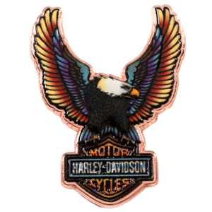 A Harley-Davidson eagle pin with wings spread, featuring a multicolor gradient wing design and the classic Harley-Davidson logo shield at the bottom.