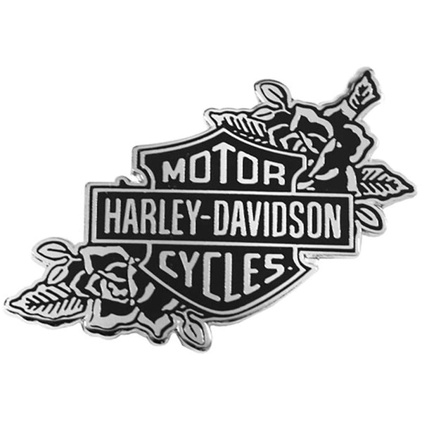 Harley-Davidson 1.5 inch. Silver Bar & Shield Floral Metal Pin, Black & Silver 8018184