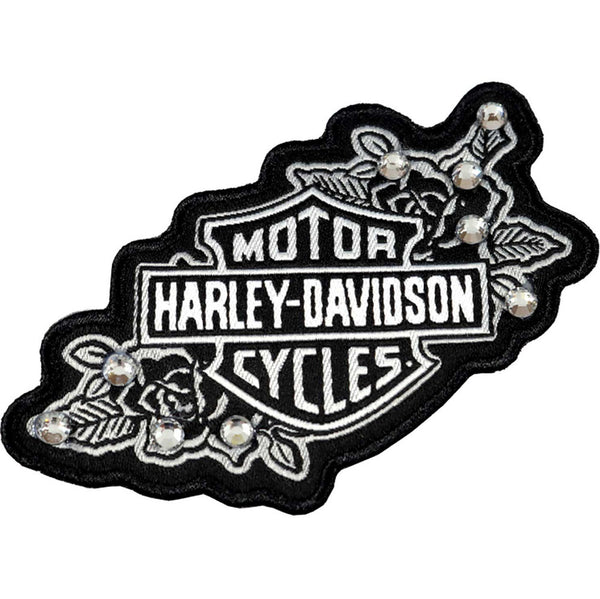 Harley-Davidson 3.5 in. Studded Silver Floral Embroidered Emblem Sew-On Patch, Black & White 8018313