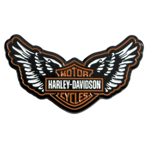Harley-Davidson wings patch featuring the classic winged logo with white wings, black outlines, and orange detailing on a white background.