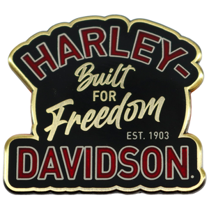 Harley Davidson logo with text 'Built for Freedom' and 'EST. 1903'.