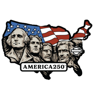 Design featuring Mount Rushmore with an American flag and 'AMERICA250' text on a white background.