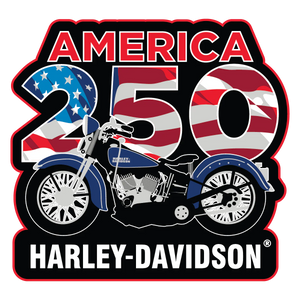 Harley-Davidson logo with a motorcycle design featuring American flag colors and 'America 250' text.
