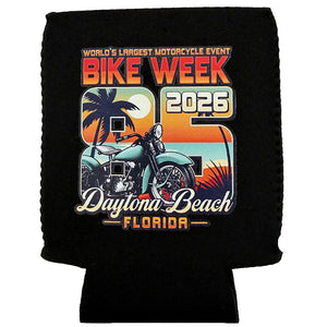 Black can cooler with 'Bike Week 2026 Daytona Beach Florida' design featuring a motorcycle and palm trees.