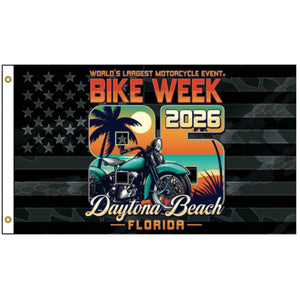Promotional flag for Bike Week 2026 in Daytona Beach, Florida featuring a motorcycle and palm trees.