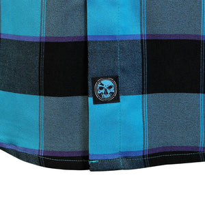 Demons Behind Me Men's Survivor 2.0 Limited Edition Stretch Button-Up Long Sleeve Shirt, Light Blue/Black Flannel NT002