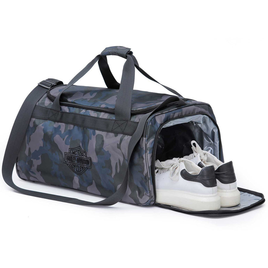 Harley-Davidson Crinkle Bar & Shield Logo Nylon Duffel Bag w/Side Shoe Pocket, Camo 90331
