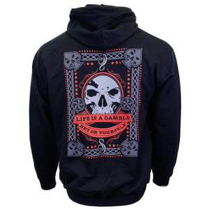 Black hoodie with skull design and text on a white background