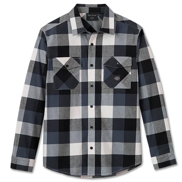 Harley-Davidson Men's Essence Button-Up Long Sleeve Flannel Shirt, Black/White Plaid 96031-25VM