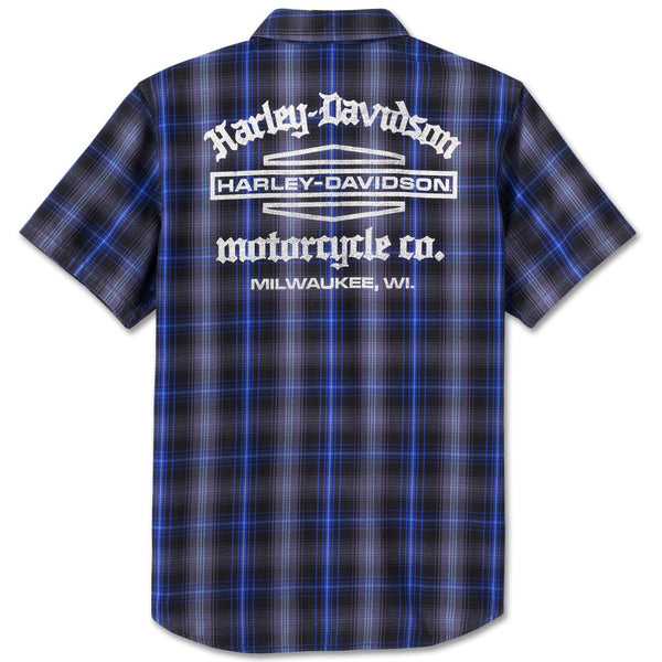 Harley-Davidson Men's Staple Plaid Button-Up Short Sleeve Shirt, Ombre Blue 96045-25VM