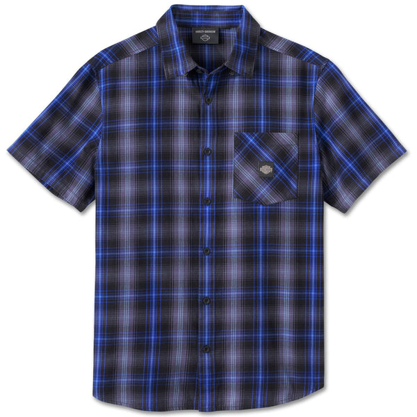 Harley-Davidson Men's Staple Plaid Button-Up Short Sleeve Shirt, Ombre Blue 96045-25VM