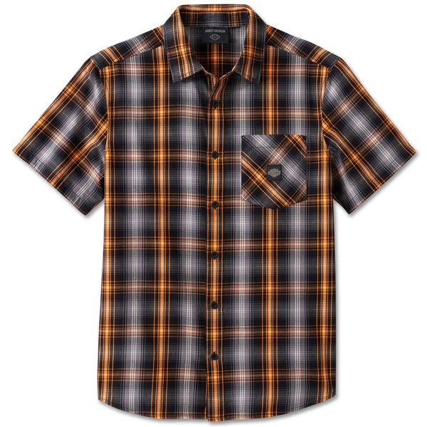 Harley-Davidson Men's Staple Plaid Button-Up Short Sleeve Shirt, Orange/Black 96046-25VM