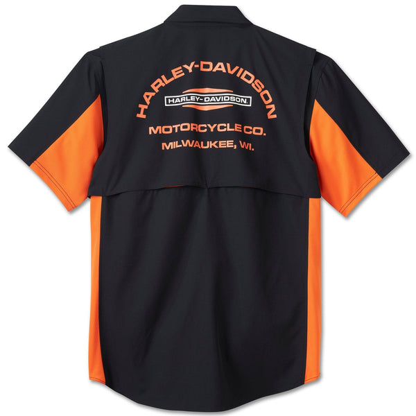 Harley-Davidson Men's Milwaukee TECH H-D Button-Up Short Sleeve Shirt, Black/Orange 96051-25VM