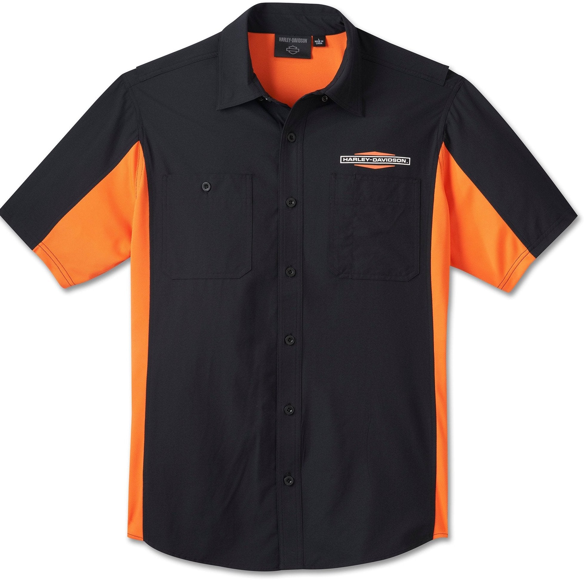 Harley-Davidson Men's Short Sleeve Woven Button-Up Shirt - Black/Orange Vertical Tone Staple (S-3XLT)