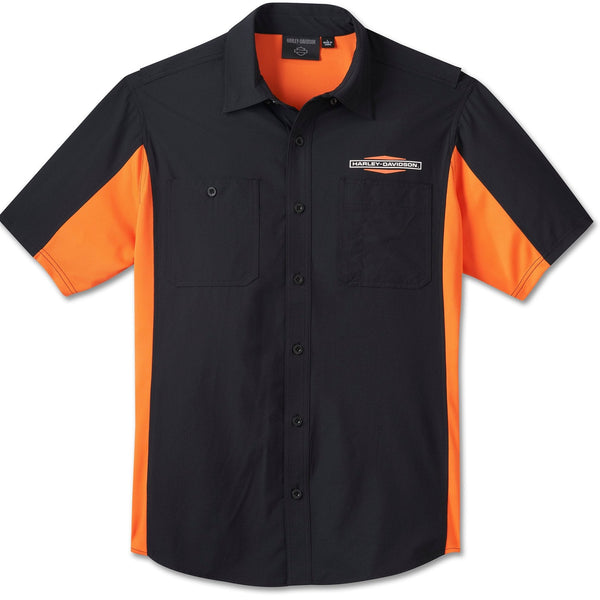 Harley-Davidson Men's Milwaukee TECH H-D Button-Up Short Sleeve Shirt, Black/Orange 96051-25VM