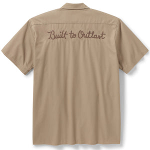 Beige shirt with 'Built to Outlast' text on a white background