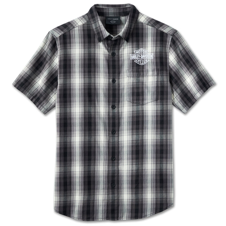 Harley-Davidson Men's Screamin' Eagle Woven Plaid Button-Up Short Sleeve Shirt, Black/White 96091-24VM