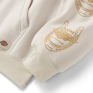 Beige hoodie with gold logo and text on a white background