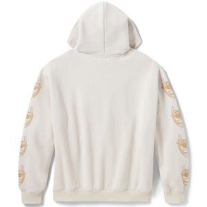 White hoodie with gold patterns on sleeves and back against a white background