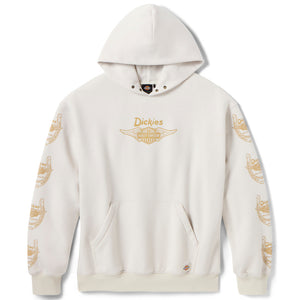 White hoodie with gold accents and 'Dickies' branding on a white background