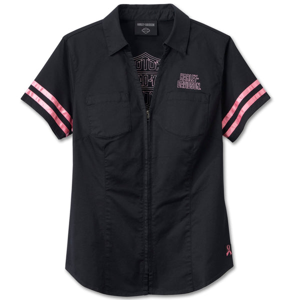 Harley-Davidson Women's Pink Label Zip-Up Short Sleeve Shirt, Black/Pink 96097-25VW