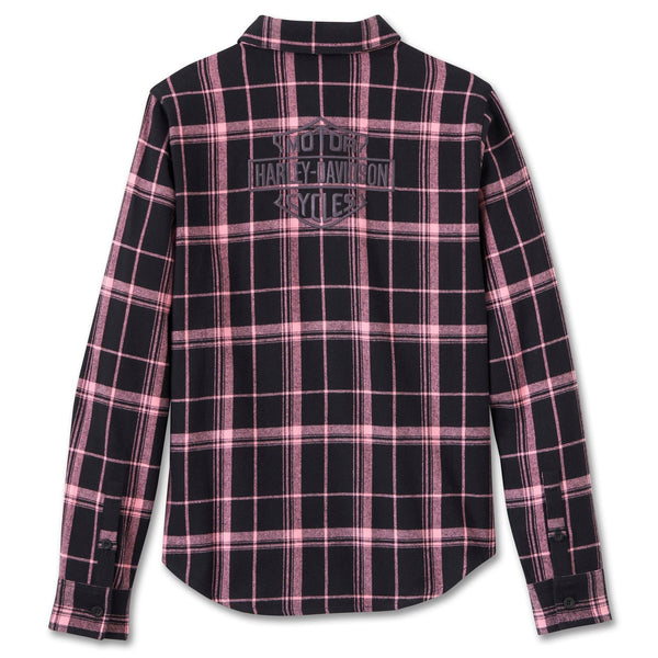 Harley-Davidson Women's Pink Label Woven Button-Up Long Sleeve Flannel Shirt, Black/Pink 96098-25VW