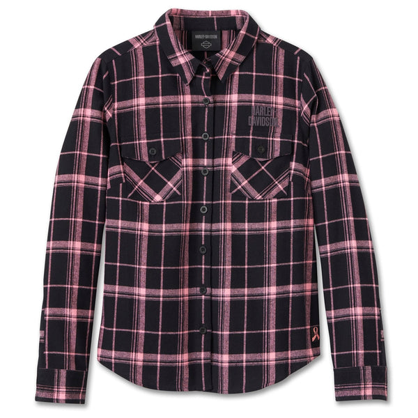 Harley-Davidson Women's Pink Label Woven Button-Up Long Sleeve Flannel Shirt, Black/Pink 96098-25VW