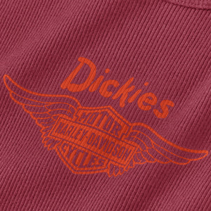Close-up of a maroon fabric with 'Dickies' and 'Harley Davidson' logos.