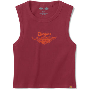 Red tank top with Dickies logo on a white background