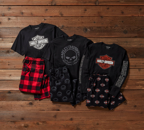 Harley-Davidson Men's Bar & Shield Logo Long Sleeve Plaid Pajama Set, Black/Red 96113-25VM