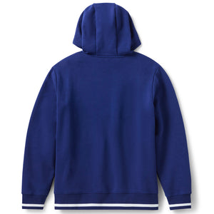 Blue hoodie with white trim on a white background