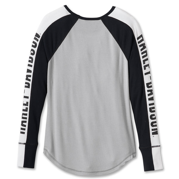 Harley-Davidson Women's Bar & Shield Logo Raglan Long Sleeve Shirt, White/Black 96143-24VW