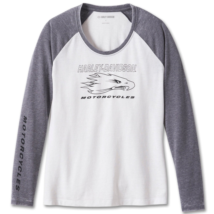 Harley-Davidson Women's Screamin' Eagle Raglan Colorblocked Long Sleeve Burnout Tee, Bright White  96146-24VW