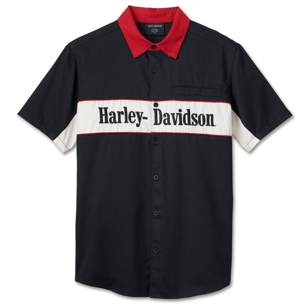 Harley-Davidson Men's "The Garage" Button-Up Short Sleeve Mechanic Shirt, Black 96149-25VM