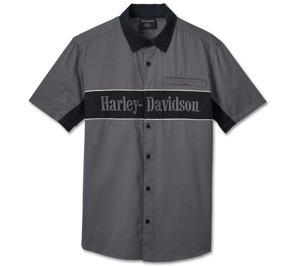 Harley-Davidson Men's "The Garage" Button-Up Short Sleeve Mechanic Shirt, Gray 96150-25VM