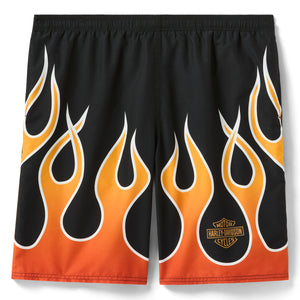 Black shorts with orange and yellow flame design featuring a Harley-Davidson logo.