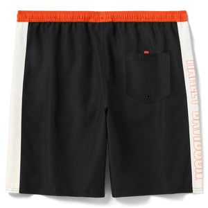 Black shorts with orange waistband and white side panels featuring text on a white background