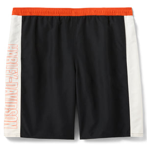 Black shorts with orange waistband and side panels on a white background