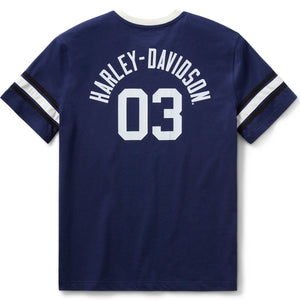 Navy blue t-shirt with 'Harley-Davidson 03' print on a white background
