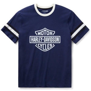 Navy blue t-shirt with white and black trim featuring Harley-Davidson logo on a white background
