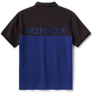 Harley-Davidson polo shirt with black and blue color block design on a white background
