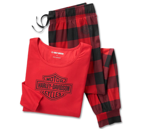 Harley-Davidson Women's Bar & Shield Logo Long Sleeve Plaid Pajama Set, Red/Black 96162-25VW