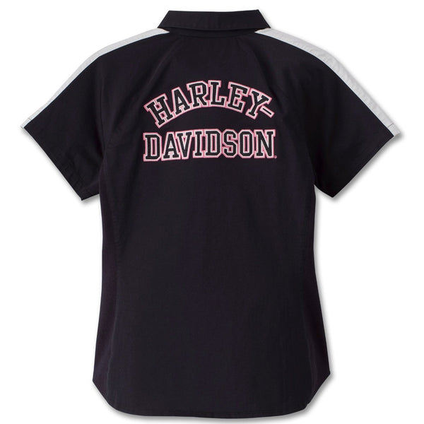 Harley-Davidson Women's Pink Label Button-Down Short Sleeve Shirt, Black/Pink 96168-24VW