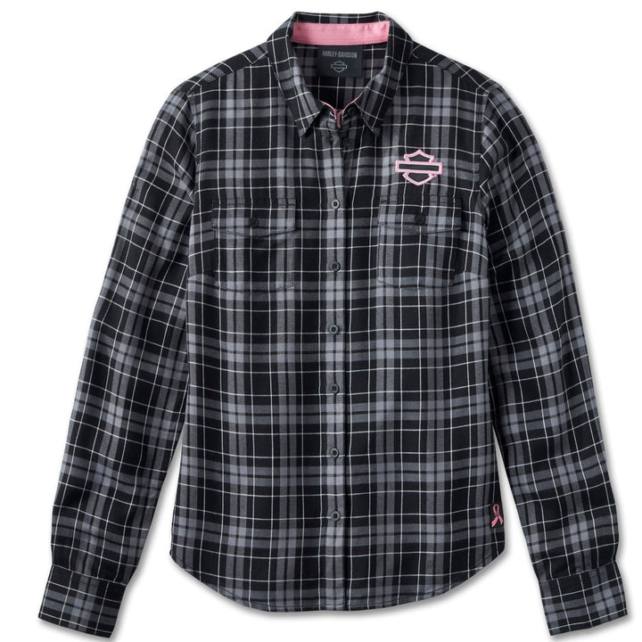 Harley-Davidson Women's Pink Label Button-Down Plaid Long Sleeve Shirt, Black/Pink 96169-24VW